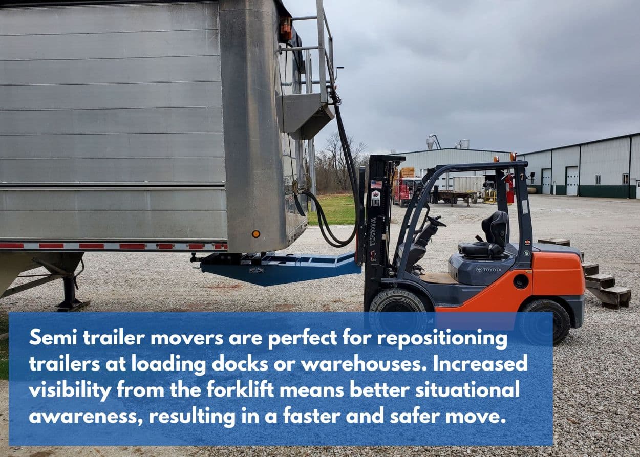 Semi trailer movers are perfect for repositioning trailers at loading docks or warehouses. Increased visibility from the forklift means better situational awareness, resulting in a faster and safer move.